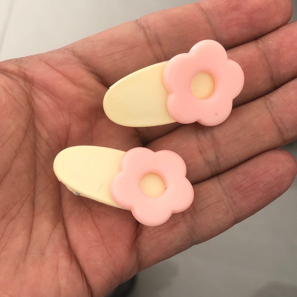 Pink Flower Hair Clips on Cream Base
